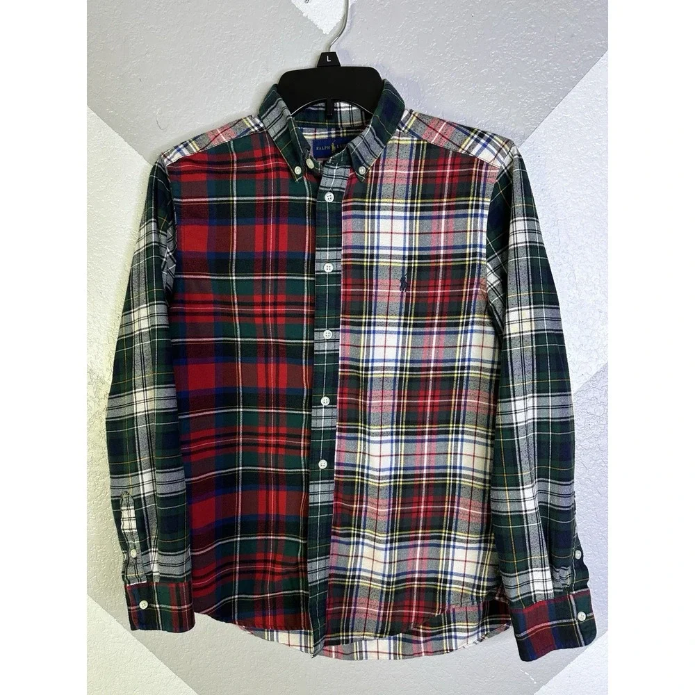Ralph Lauren Boys Performace Red Green Plaid Casual Button Up Fun Shirt Lg 14-16